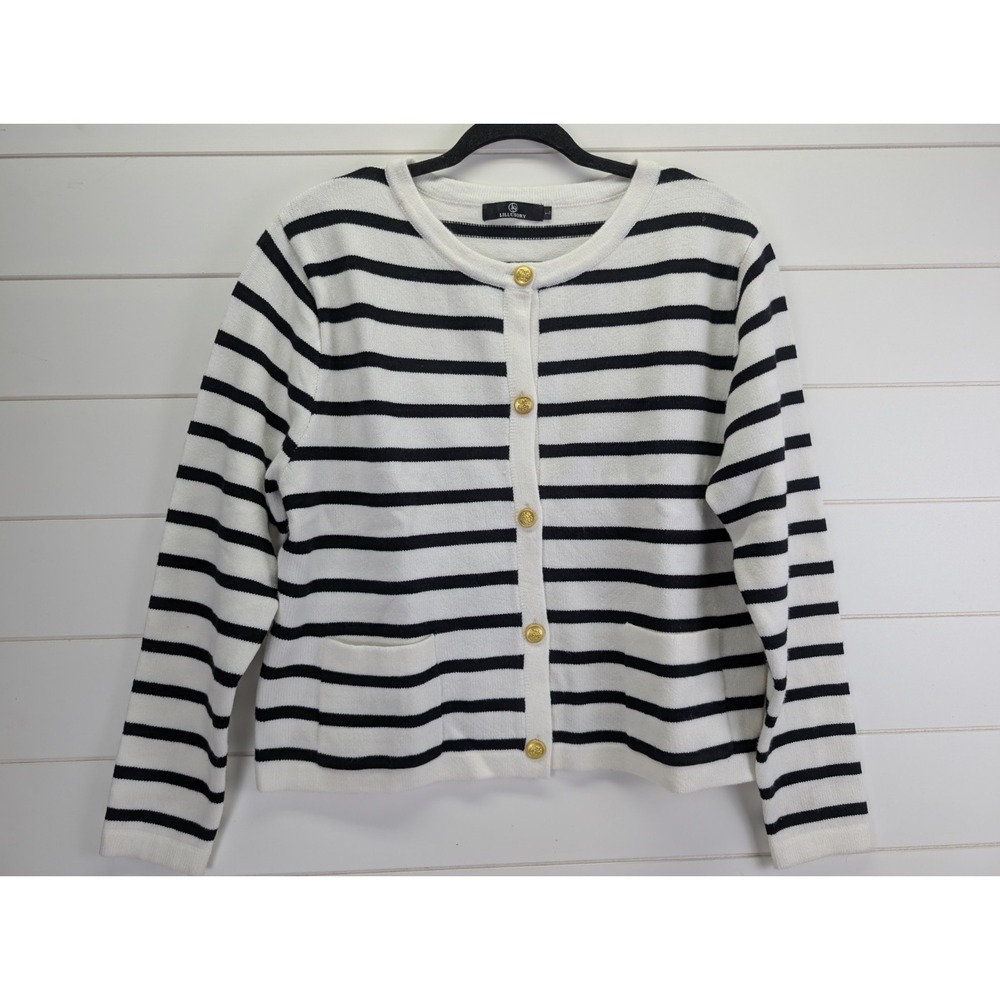 Womens Striped Cardigan Sweater Large Gold Buttons Nautical Old Money Timeless